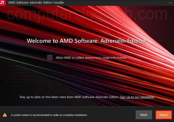 AMD Installer showing the driver has been installed giving a Finish button and Restart button option.