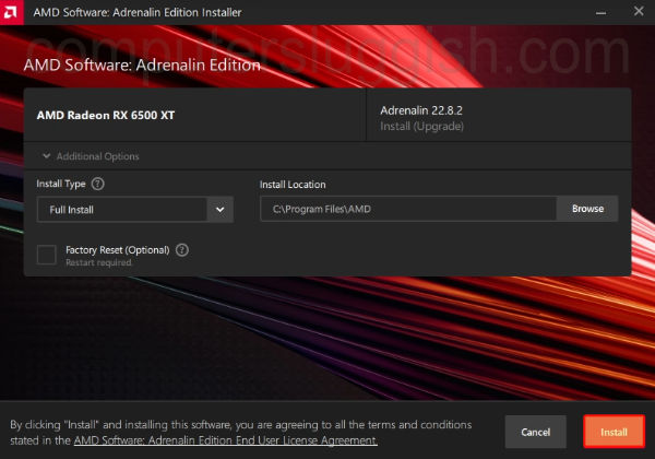 AMD Installer showing Additional Options expanded with the following options Install Type, Install Location, and if you would like to do a Factory Reset.