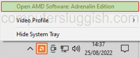 AMD Software: Adrenaline Edition icon in the Windows system tray showing its context menu.