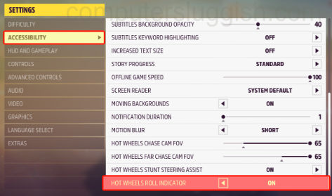 Forza Horizon 5 accessibilty settings with hot wheels roll indicator selected