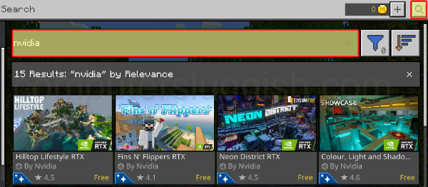 Minecraft Marketplace showing NVIDIA search with RTX worlds.