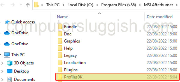 File Explorer showing MSI Afterburner folder open with the Profiles folder renamed to ProfilesBK.