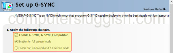 Selecting enable g sync in the NVIDA set up g sync