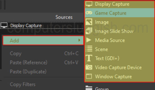 OBS Studio Sources Add context menu showing all the different sources.
