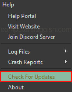 OBS Studio Help context menu showing Check for updates option.