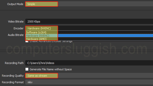 OBS Studio showing Output Mode Simple settings with Encoder dropdown menu showing with different encoders.