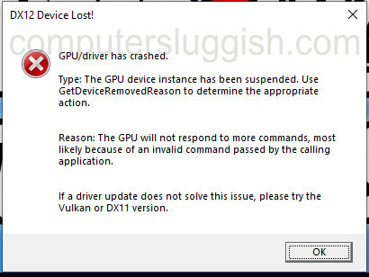 Saints Row error window saying GPU/driver has crashed.