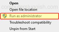 Windows context menu when right clicking executable showing Run as administrator.