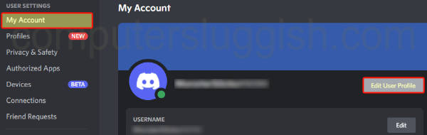 Discord showing Edit User Profile button in My Account settings.