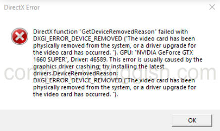 Error message saying "Directx function getdeviceremovedreason failed with dxgi_error" in FIFA 23.