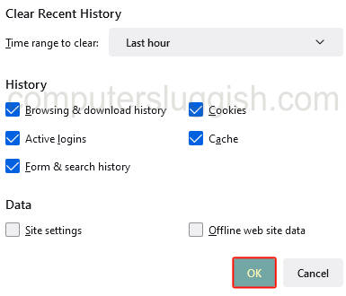 Firefox clear browsing data settings.