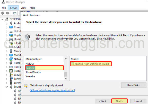 Device Manager showing install realtek High Definition Audio driver option.