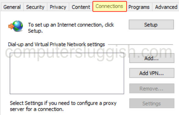 Internet Properties showing connections tab with Dial-up and VPN settings.