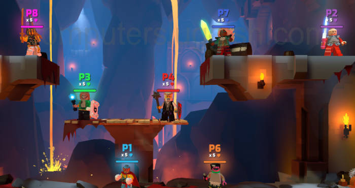 Lego Brawls in-game screenshot of 8 players in local multiplayer including bots.