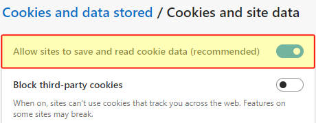 Microsoft Edge enable cookies setting.