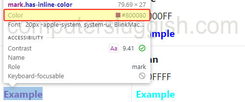 Microsoft Edge showing inspected element with color code.