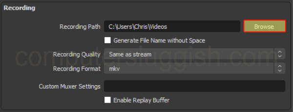 OBS Studio Recording Path setting showing the path where your videos are saved.
