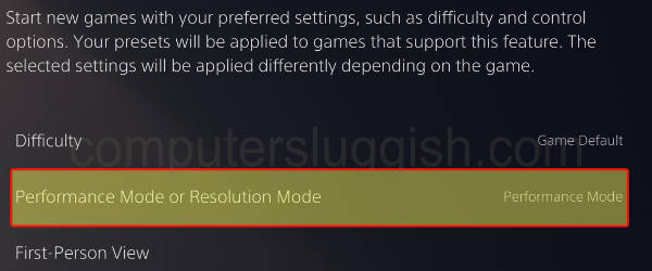 PlayStation 5 Game Presets showing Performance Mode selected.