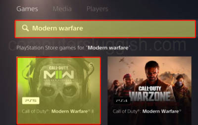 PS5 Store selecting Modern Warfare 2 in the search
