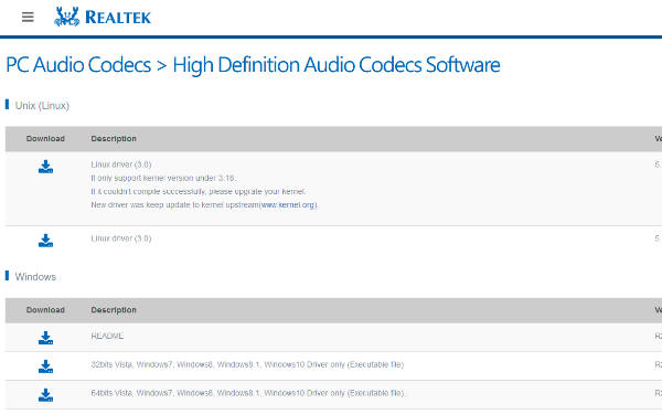 Screenshot of the Realtek website showing Realtek audio drivers list.