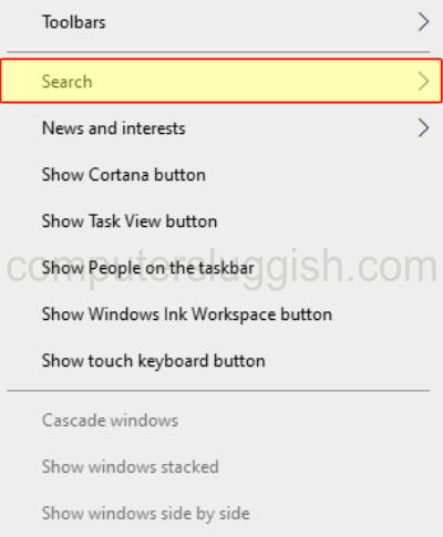Windows 10 taskbar context menu showing Search option.