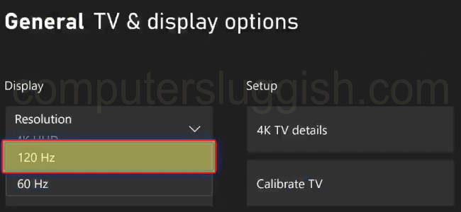 Xbox Series X|S TV & display options with 120hz refresh rate selected