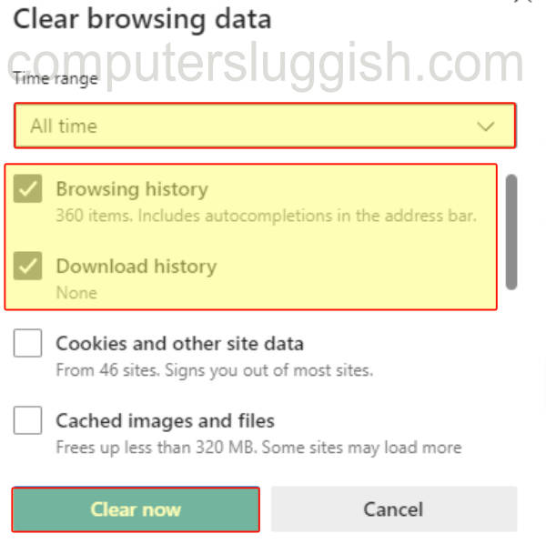 Clear browsing data options in Edge with browsing history and download history selected