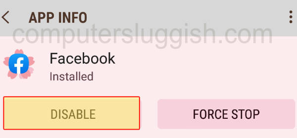 Facebook app on Android phone selecting Disable