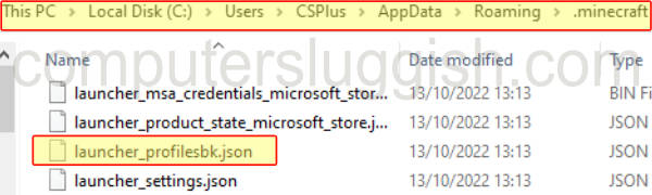 File Explorer showing Minecraft folder with Launcher_profiles.json file renamed to Launcher_profilesbk.json