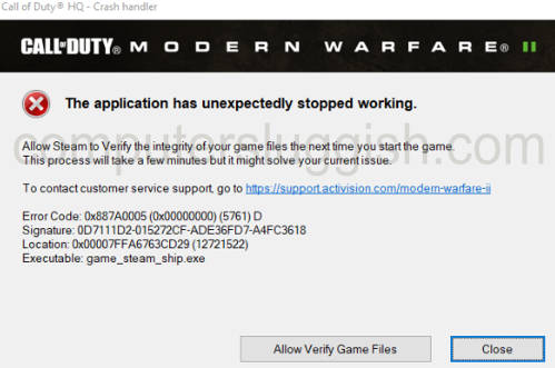 Call of Duty HQ Crash Handler message saying "The application has unexpectedly stopped working" in MW2.