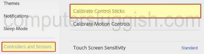 Selecting Calibrate control sticks in the Nintendo Switch controller settings