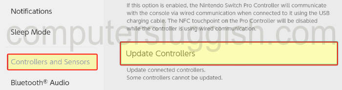 Nintendo Switch settings update controllers selected