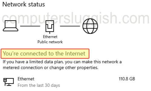 Windows Network status showing you're connected to the internet.