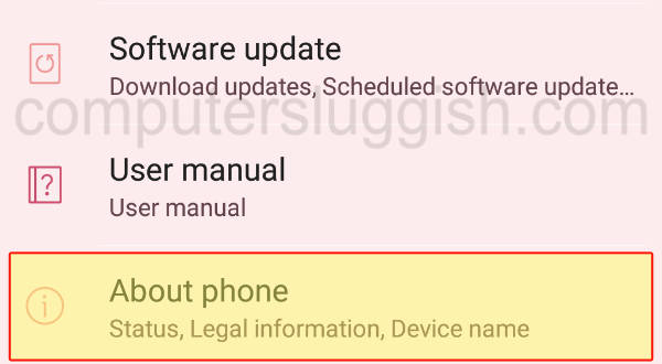 About phone option selected on an Android phone.