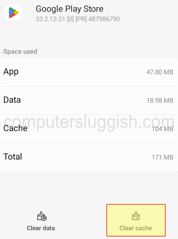 Android Google Play Store clear cache button.