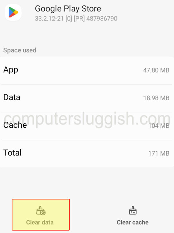 Android Google Play Store clear data button.