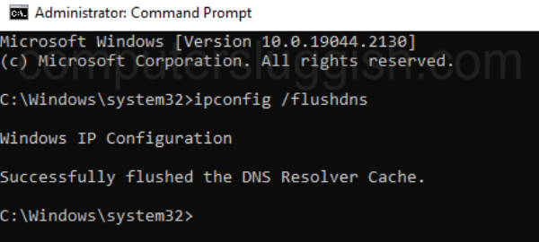 Command Prompt successfully flushed the DNS resolver cache message.