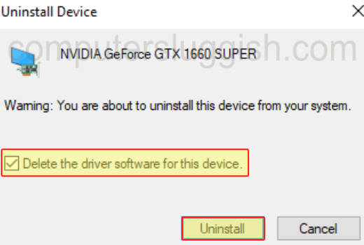 Device Manager showing uninstall device window with Delete the driver software for this device selected.