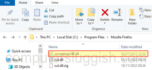 Windows File Explorer showing vcruntime140.dll file in Mozilla Firefox folder.
