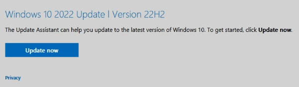 Microsoft website showing the Update now button to download the update assistant tool.
