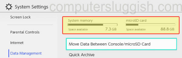 Nintendo Switch settings showing storage space.