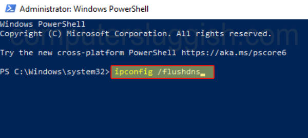 PowerShell showing flush dns command typed in saying ipconfig /flushdns