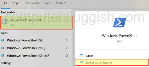 Windows start menu showing run Windows PowerShell as administrator option.