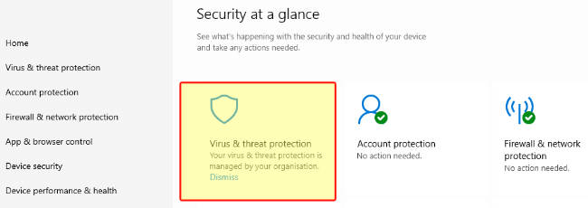 Windows Security showing virus and threat protection is managed by your organisation.