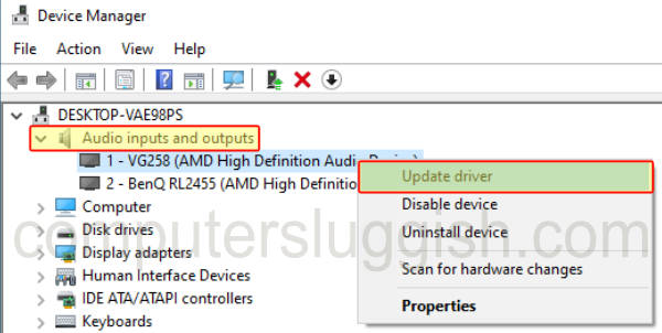 Windows Device Manager clicking on update driver for audio device