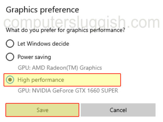 Graphics Preference showing High Performance option selected.