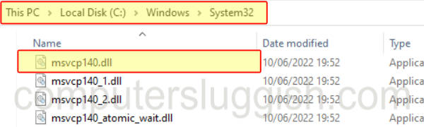 Windows File Explorer showing msvcp140.dll file location.