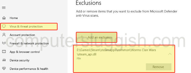 Windows Security adding an exclusion and allowing steam_app.dll file.