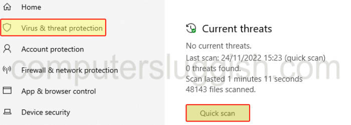 Windows Security Quick Scan selected under Virus & threat protection.