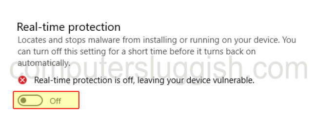 Windows Security showing Real-time protection turned off and the option to turn off real-time protection.